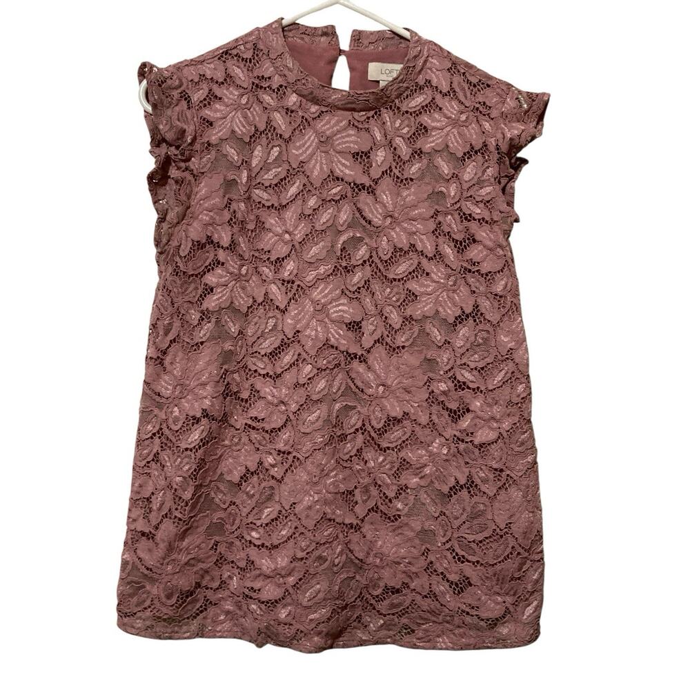 Loft Sz S Short Sleeve Crochet Lace Shirt Lined Dusty Pink Career Chic Blouse
